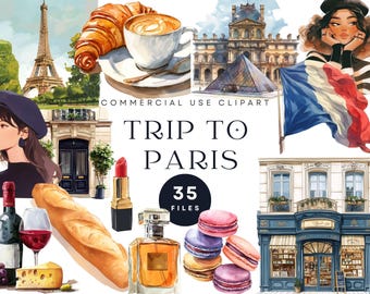 Paris Watercolor Clipart Set – French Travel Graphics (PNG, Commercial Use)