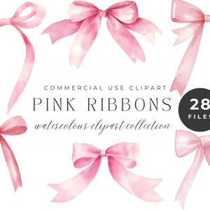 Aquarell Pink Ribbons Clipart - Kokette Schleifen für Einladungen & Bastelarbeiten, Geburtstagskarten, Junk Journals, Scrapbooking, Schreibwaren, Geschenke