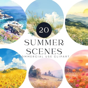 Images de scènes d'été | Art Cottagecore doux, illustration de la nature pour autocollants, journaux, travaux manuels en papier, sublimation et scrapbooking