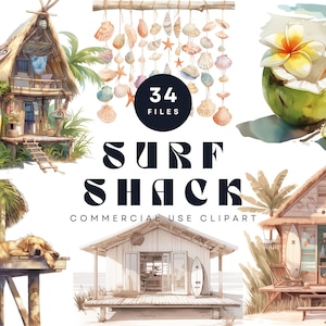 Surf Shack aquarel clipart, tropisch strand png, kusthuis, zomeresthetiek, decor boho-eiland, palmbomen, oceaanlandschap