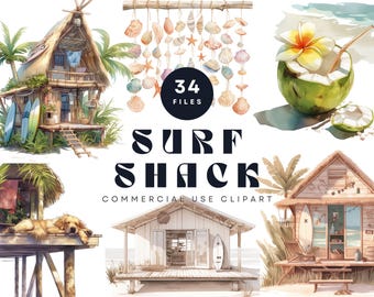 Klipart akwarelowy Surf Shack, tropikalna plaża PNG (pobieranie cyfrowe)