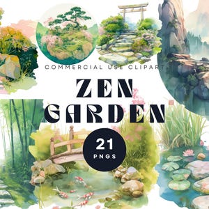 Zen-Garten Clipart-Set, japanische Aquarell Gartenelemente PNG, Bambus, Koi-Teich, Kirschblüte, transparente Zen Natur Clip Art