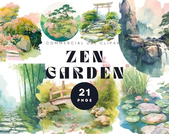 Watercolor Zen Garden Clipart, Japanese Nature PNG (Digital Download)