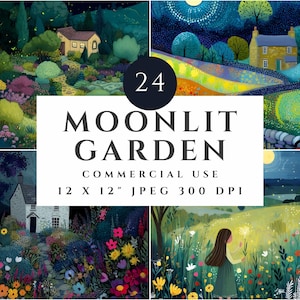 May include: A set of 24 digital illustrations featuring moonlit gardens with cottages, flowers, and whimsical details. The illustrations are 12 inches by 12 inches and have a resolution of 300 DPI.  The text "24 MOONLIT GARDEN COMMERCIAL USE 12 X 12" JPEG 300 DPI" is included in the image.