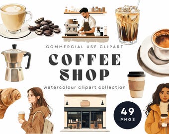 Watercolor Coffee Shop Clipart | Latte, Espresso, Barista (Digital Download)
