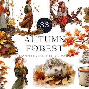 Clipart forêt d'automne | Illustrations de fille d'automne Cottagecore | Feuilles de champignons des bois, glands | Art cosy d'ambiance d'automne | Éphémères pour journaux indésirables
