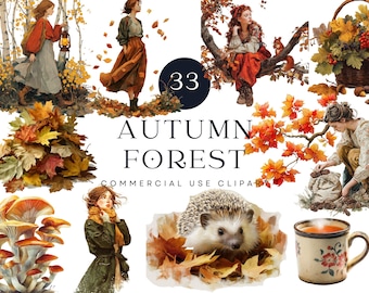 May include: A digital collage featuring autumn-themed illustrations. The images include women in fall attire, a hedgehog, mushrooms, and a basket of fall harvest. Text reads "33 Autumn Forest Commercial Use Clipart."