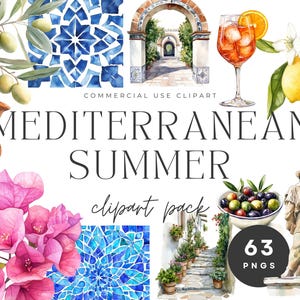 Collection de cliparts été méditerranéen | PNG haute résolution - Citrons et carreaux, décoration côtière, motifs vintage, bleu et blanc, clipart mariage