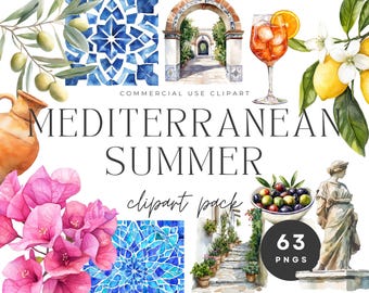 Mediterrane zomer clipart | Aquarel citroen, tegels en kust PNG (digitale download)