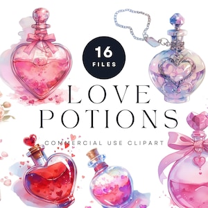Conjunto de clipart de poção do amor – garrafas em forma de coração, garrafas de poção romântica, dia dos namorados, poção mágica de fantasia