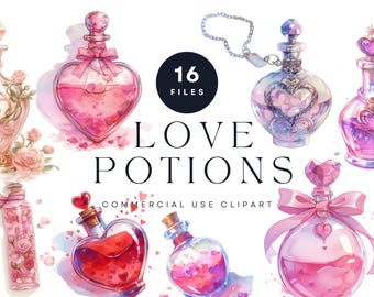 Love Potion Watercolor Clipart – Heart Bottles, Fantasy Design (Digital Download)