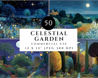Celestial Garden, Moonlit Floral Landscape, Magical Night Scene (JPEG 12x12", Digital Download)
