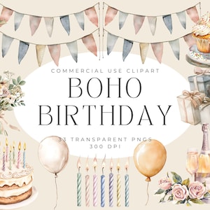 Boho Geburtstag Clipart Sammlung | Hochauflösende PNG - Boho Party Decor, Geburtstag für Erwachsene, Scrapbooking, Einladungen, Digitale Collage
