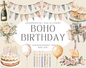 Clipart di compleanno boho / Decorazione per feste ad acquerello PNG (download digitale)