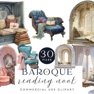 May include: Watercolor illustrations of baroque reading nooks. The image features various seating arrangements, including a chaise lounge, armchairs, and window seats, all adorned with pillows, books, and decorative elements. The text "30 FILES" and "BAROQUE reading nook" are also present.