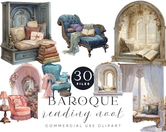 Baroque Reading Nook Clipart | Vintage Book Nook PNGs | Romantic Study, Window Seat, Cozy Library Chair Illustrations