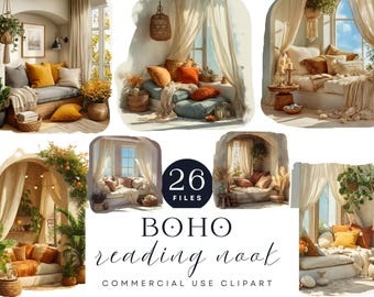 Boho Reading Nook Clipart | Cottagecore Interior Art (Digital Download)