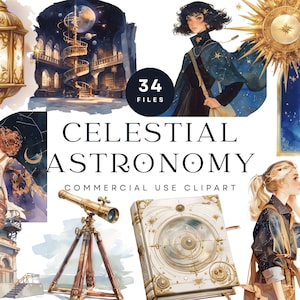 Imágenes prediseñadas de astronomía celestial / Arte digital cósmico lunar, telescopios, estrellas, ilustraciones de observadores de estrellas, álbumes de recortes, papelería, imágenes prediseñadas místicas