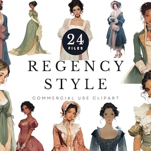 Regency Era Woman Clipart | Vintage Fashion Illustrations | Jane Austen Style Digital Art | Historical Dress Aesthetic