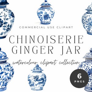Chinoiserie blauwe en witte gemberpotten Clipart-collectie | Hoge resolutie png: vintage decor, oosterse kunst, scrapbooking, uitnodigingen, bruiloft