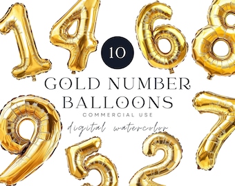 Goldfolie Anzahl Ballon Clipart, Party Feier PNG (digitaler Download)