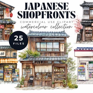 Watercolor clipart of traditional Japanese shopfronts, including detailed storefronts in various architectural styles