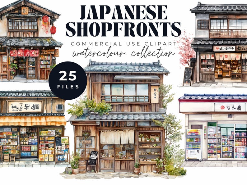 Watercolor clipart of traditional Japanese shopfronts, including detailed storefronts in various architectural styles