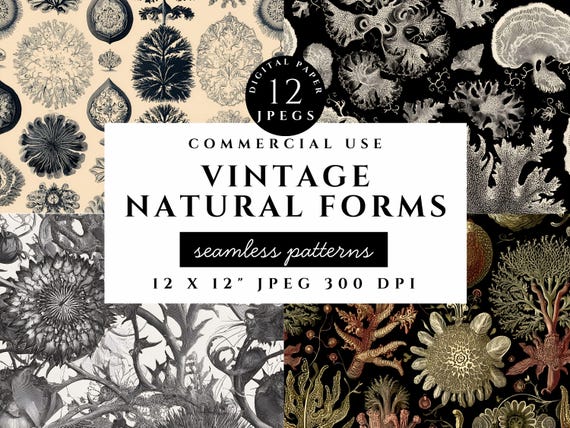 Vintage Botanical Paper, Seamless Natural History Patterns (Digital Download)