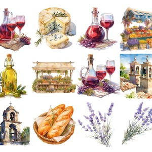 May include: A watercolor painting of various items associated with France, including a bottle of wine, a bottle of olive oil, a loaf of bread, a cheese wheel, lavender flowers, and a church with bells.