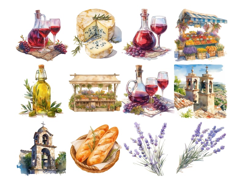May include: A watercolor painting of various items associated with France, including a bottle of wine, a bottle of olive oil, a loaf of bread, a cheese wheel, lavender flowers, and a church with bells.
