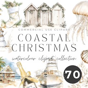 Clipart kerstmis aan de kust - strandvakantie, vakantie-uitnodigingen, digitale collage, kustdecor, kerst aan zee, tropische kerst
