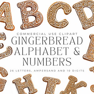 Könnte beinhalten: Lebkuchen-Alphabet und -Zahlen-Clipart. Die Buchstaben A, B, C, D, E, F, G, H, I, J und K sind im Lebkuchen-Stil mit weißem Zuckerguss und dekorativen Mustern dargestellt. Der Text "COMMERCIAL USE CLIPART GINGERBREAD ALPHABET & NUMBERS 26 LETTERS, AMPERSAND AND 10 DIGITS" ist ebenfalls abgebildet.