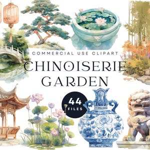 Chinoiserie-tuin clipartbundel | Aquarelontwerpen voor commercieel gebruik | Scrapbooking, kunst aan de muur, afbeeldingen huwelijksuitnodiging, sublimatie