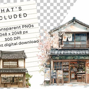 Puede incluir: Una ilustraci&oacute;n de acuarela de una tienda tradicional japonesa con un &aacute;rbol de cerezo en flor en frente. La tienda tiene una fachada de madera con un techo de tejas y un letrero que dice "下町".