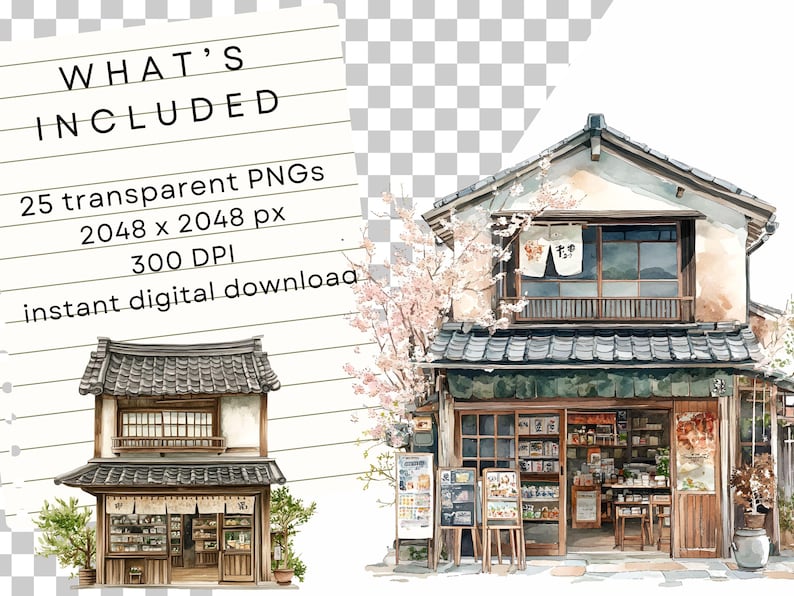 Puede incluir: Una ilustraci&oacute;n de acuarela de una tienda tradicional japonesa con un &aacute;rbol de cerezo en flor en frente. La tienda tiene una fachada de madera con un techo de tejas y un letrero que dice "下町".
