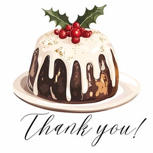 May include: A white frosted chocolate cake with red berries and green holly leaves on top. The cake is on a white plate and the text "Thank you!" is written below the cake.