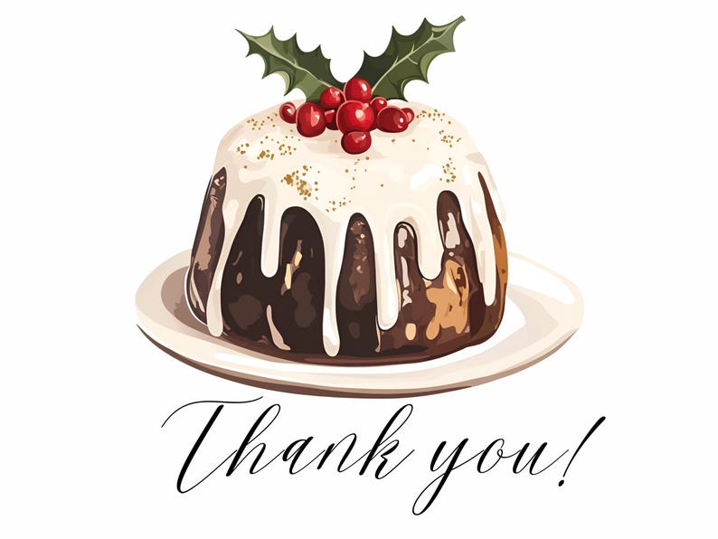 May include: A white frosted chocolate cake with red berries and green holly leaves on top. The cake is on a white plate and the text "Thank you!" is written below the cake.