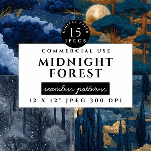 May include: Digital paper set with four seamless patterns depicting a midnight forest. The designs showcase trees, clouds, and moons in blue, gold, and white hues. The image includes the text "MIDNIGHT FOREST" and "seamless patterns". Each pattern is 12 x 12 inches.