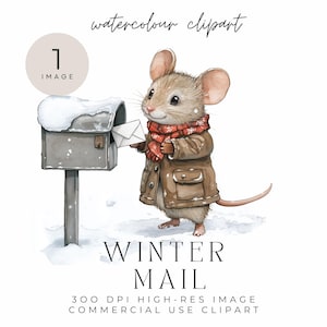 Wintermuis aquarel clipart, besneeuwde brievenbus illustratie, schattige dieren digitale kunst, kerstmuis clipart voor kaarten en knutselen