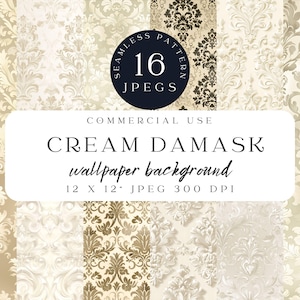 Cream Damask Seamless Patterns - Elegant Wallpaper Backgrounds, Vintage Floral Textures - 12x12" JPEGs for Commercial Use