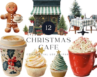 Könnte beinhalten: Aquarellillustration einer Weihnachtscafé-Szene mit einem Lebkuchenmann, einer Kaffeetasse, Cupcakes und einer roten Tasse Schlagsahne. Das Bild zeigt ein Café mit gestreifter Markise, eine Tischdekoration und Weihnachtsbäume. Der Text "Christmas Cafe" wird angezeigt.