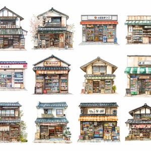 Puede incluir: Una ilustraci&oacute;n de acuarela de 10 tiendas japonesas. Cada tienda es &uacute;nica y presenta una variedad de productos, incluyendo comestibles, aperitivos y bebidas. Las tiendas est&aacute;n pintadas en un estilo realista con texturas y colores detallados.