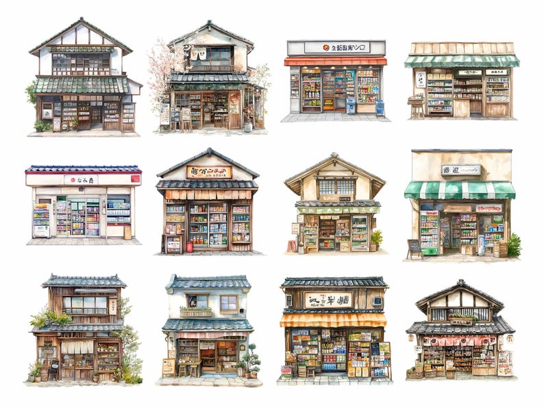 Puede incluir: Una ilustraci&oacute;n de acuarela de 10 tiendas japonesas. Cada tienda es &uacute;nica y presenta una variedad de productos, incluyendo comestibles, aperitivos y bebidas. Las tiendas est&aacute;n pintadas en un estilo realista con texturas y colores detallados.