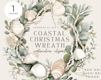 Seashell Coastal Christmas Wreath Watercolor Clipart (PNG)
