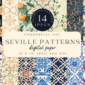 Sevilla-patroon digitaal papier, Spaanse tegelachtergronden, mediterrane naadloze patronen, Moorse en bloemenprints, pakket decoratief papier