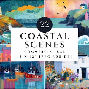 Art numérique côtier | Illustrations de paysages colorés pour la fabrication de cartes, le scrapbooking, la sublimation 12 x 12" JPEG | Art fantaisiste en bord de mer