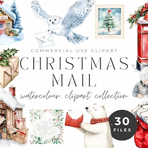 Weihnachten Mail Clipart - Aquarell Urlaub Brief schreiben, Brief an Santa, Nordpol Postamt, digitaler Download, kommerzielle Nutzung