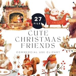 Niedliches Weihnachtstiere Clipart Set - Waldweihnachten, Waldfreunde, Festliche Feiertage Digital Kunst, Kommerzielle Nutzung, Scrapbooking