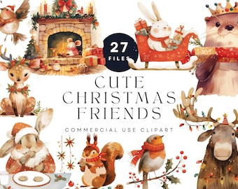 Christmas Animal Clipart – Watercolor Woodland Friends (Digital Download)
