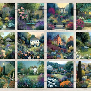 May include: A collection of twelve watercolor paintings depicting serene garden scenes. Each painting showcases colorful flowers, lush greenery, and charming houses or structures, creating a tranquil and picturesque atmosphere.
